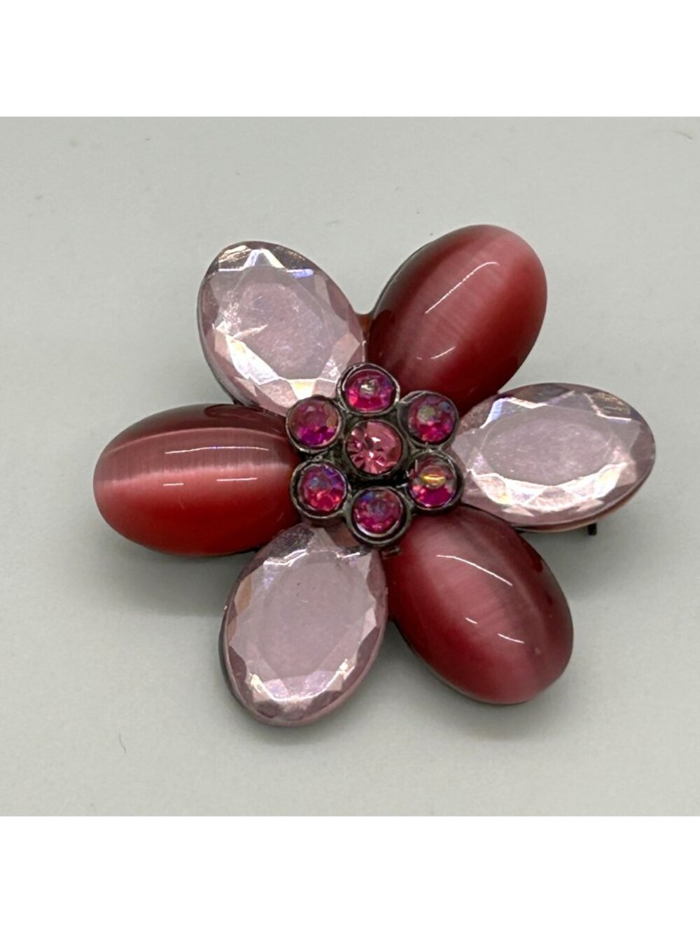 Vintage Flower Pin Brooch Pink Burgundy Cat Eye Cabochons And Rhinestones Retro